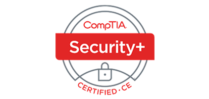 CompTIA Security+ Certified badge with red 'Security+' banner and CE text in a circular seal.