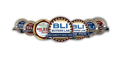 Row of BLI Buyers Lab award badges and seals indicating multiple recognitions.