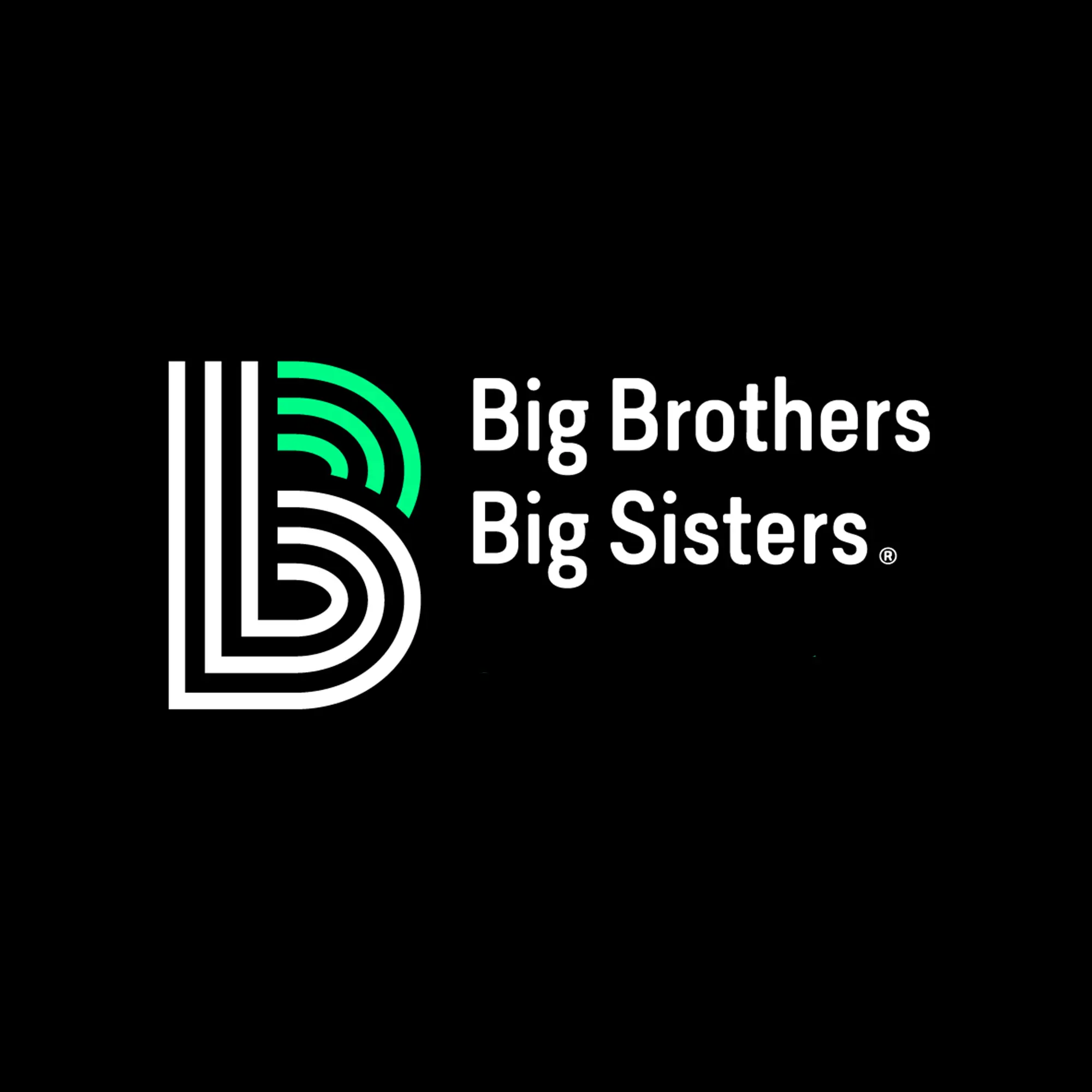 Big Brothers Big Sisters logo on a black background, featuring a white outlined monogram with green curved lines beside the text.