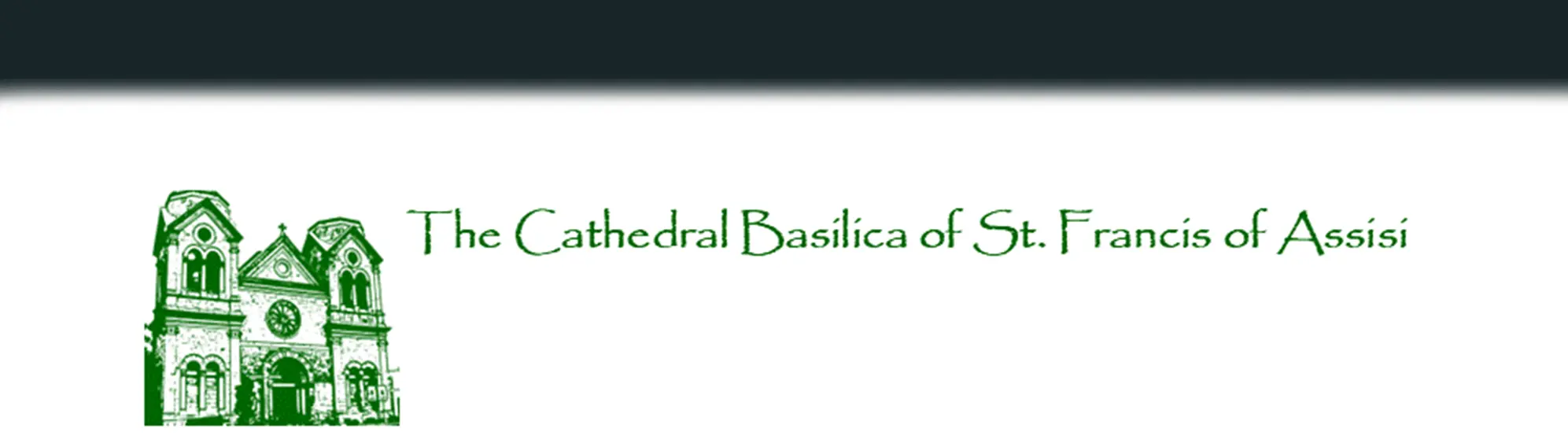 Green line-drawn illustration of the Cathedral Basilica of St. Francis of Assisi with the church name in green text.