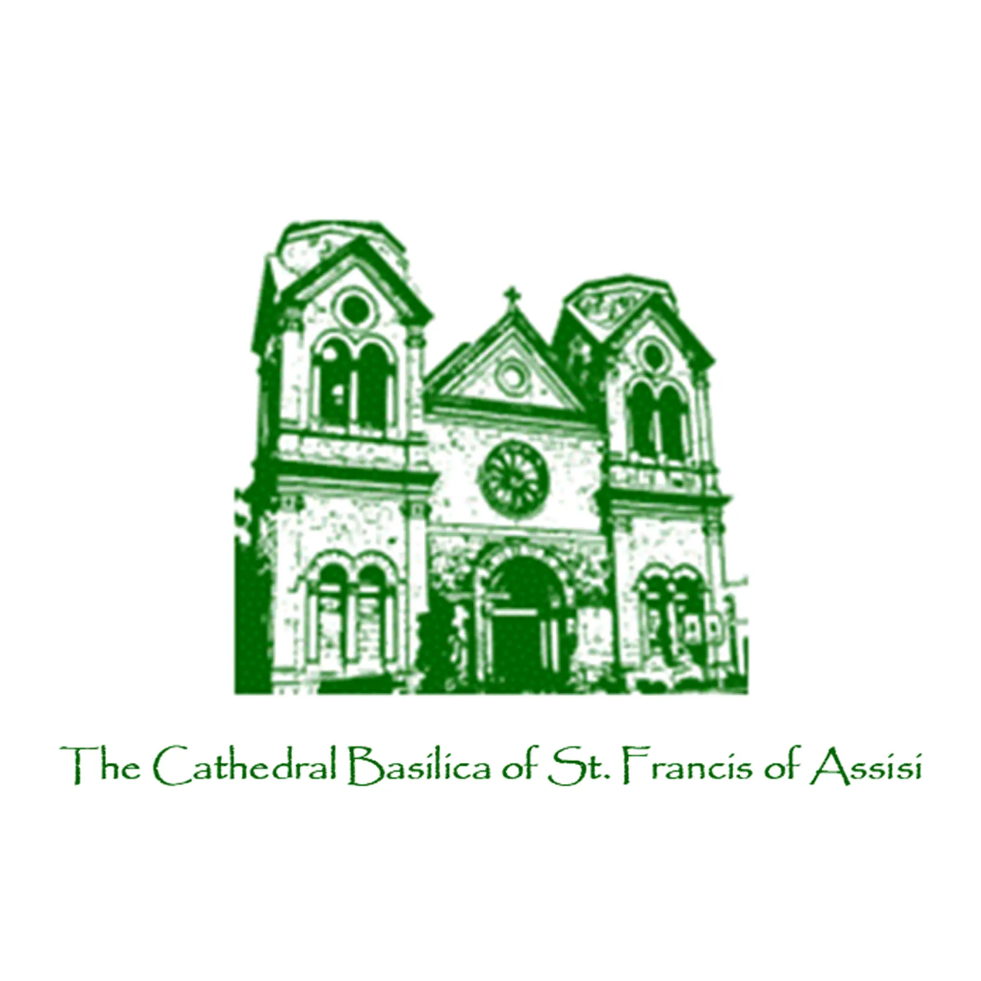 Green stylized illustration of the Cathedral Basilica of St. Francis of Assisi façade, shown in a bold green outline.
