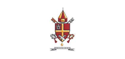 Institutional coat of arms crest featuring a shield, mitre, and decorative supporters with a banner motto beneath.