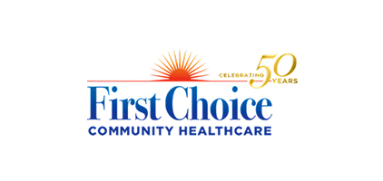 First Choice Community Healthcare logo featuring a sunburst and a gold '50 Years Celebrating' banner above blue text.