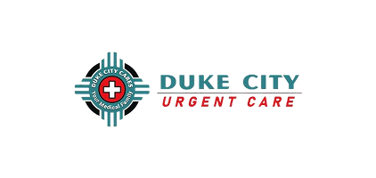 Duke City Urgent Care logo featuring a teal cross emblem with a red central circle and the text 'DUKE CITY URGENT CARE' in teal and red.