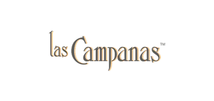 Las Campanas logo in beige serif font on white background.