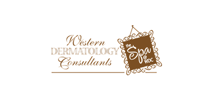 Logo for Western Dermatology Consultants with brown script typography and a decorative square badge that reads 'spa'.