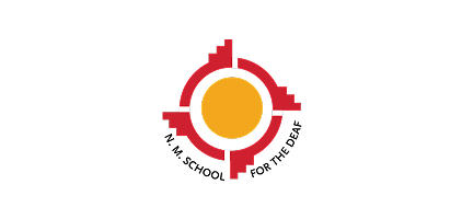 Logo for N.M. School for the Deaf: a red circular emblem with a yellow center and circular text around the edge reading 'N.M. School for the Deaf'