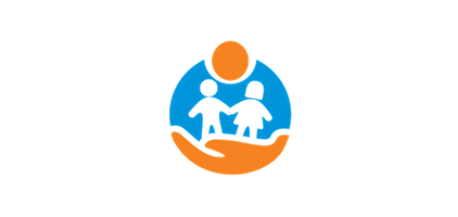 Logo for family and child support services: two children holding hands inside a blue circle with an orange sun above and an orange curved hand beneath.