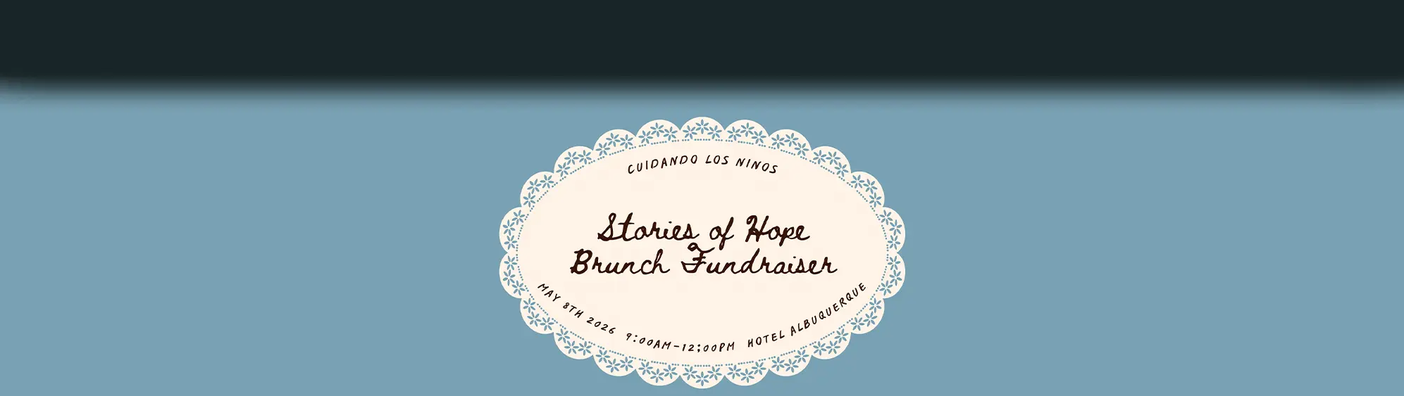 Decorative oval badge reading 'Stories of Hope Brunch Fundraiser' with date and venue on a blue background.