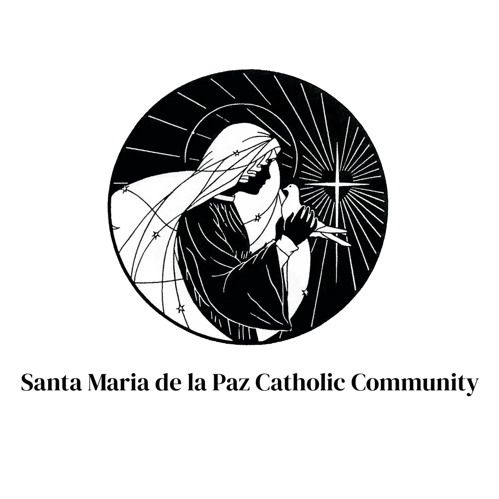 Circular black-and-white logo showing Mary holding baby Jesus with radiant lines in a halo, for Santa Maria de la Paz Catholic Community.
