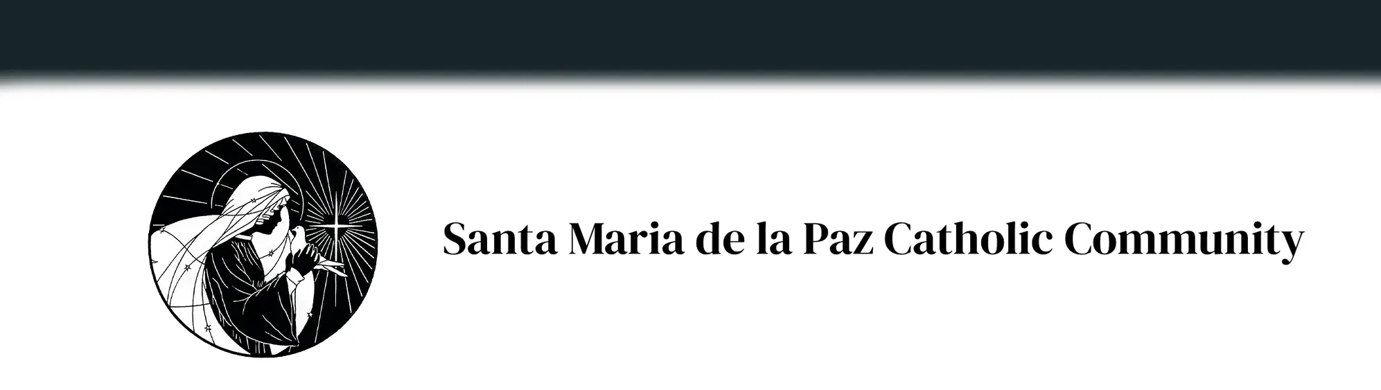 Logo for Santa Maria de la Paz Catholic Community: circular emblem with a stylized Mary in prayer and rays, beside the org name.