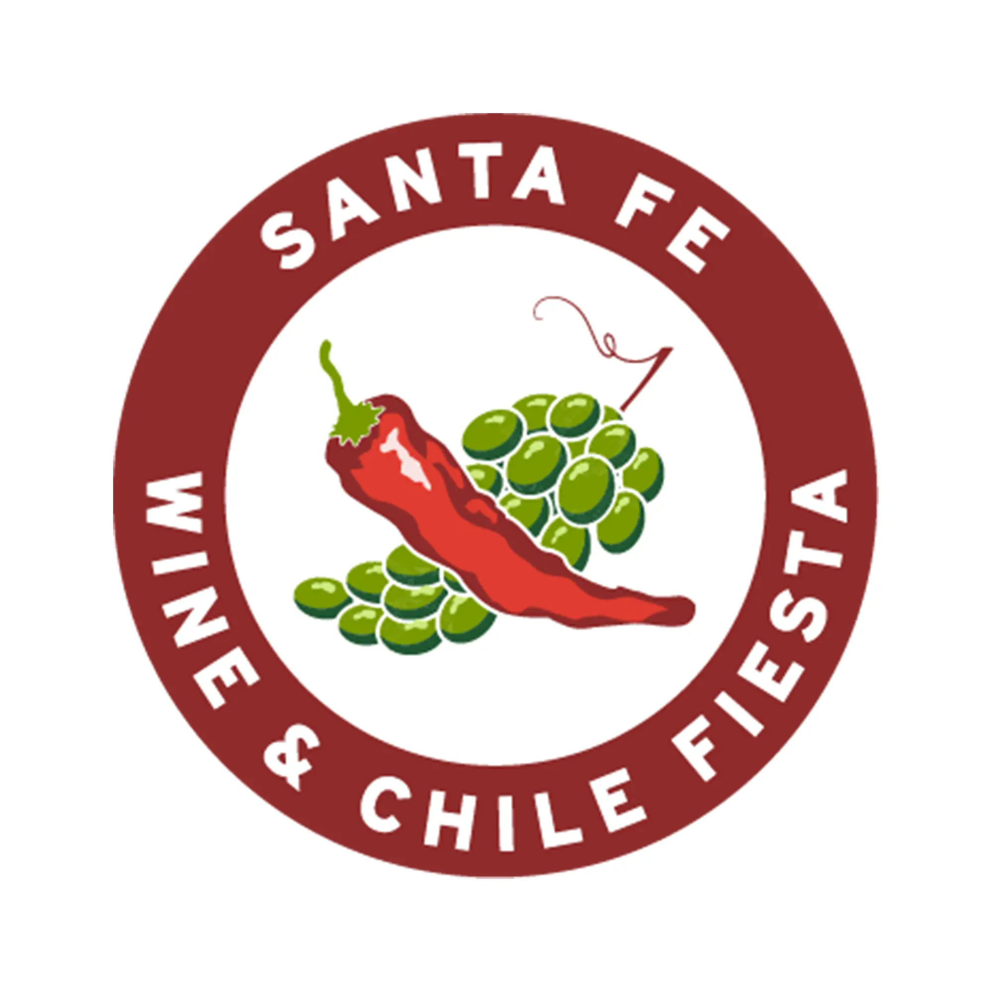 Circular Santa Fe Chile logo: red ring with white text surrounding a grape cluster and red chili on white background.