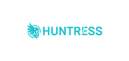 HUNTRESS logo: turquoise wordmark with a circular, stylized hunter emblem on the left.